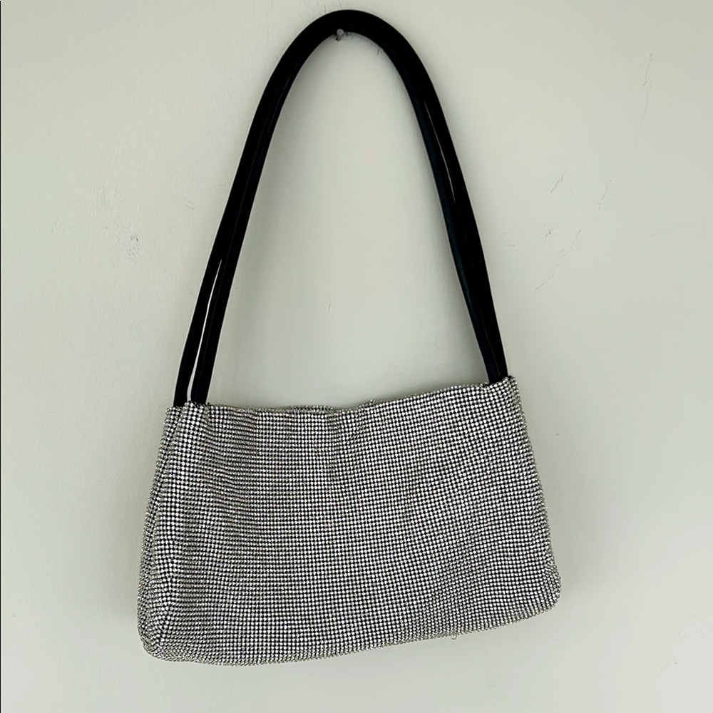 STAUD sequined bag with black leather shoulder straps